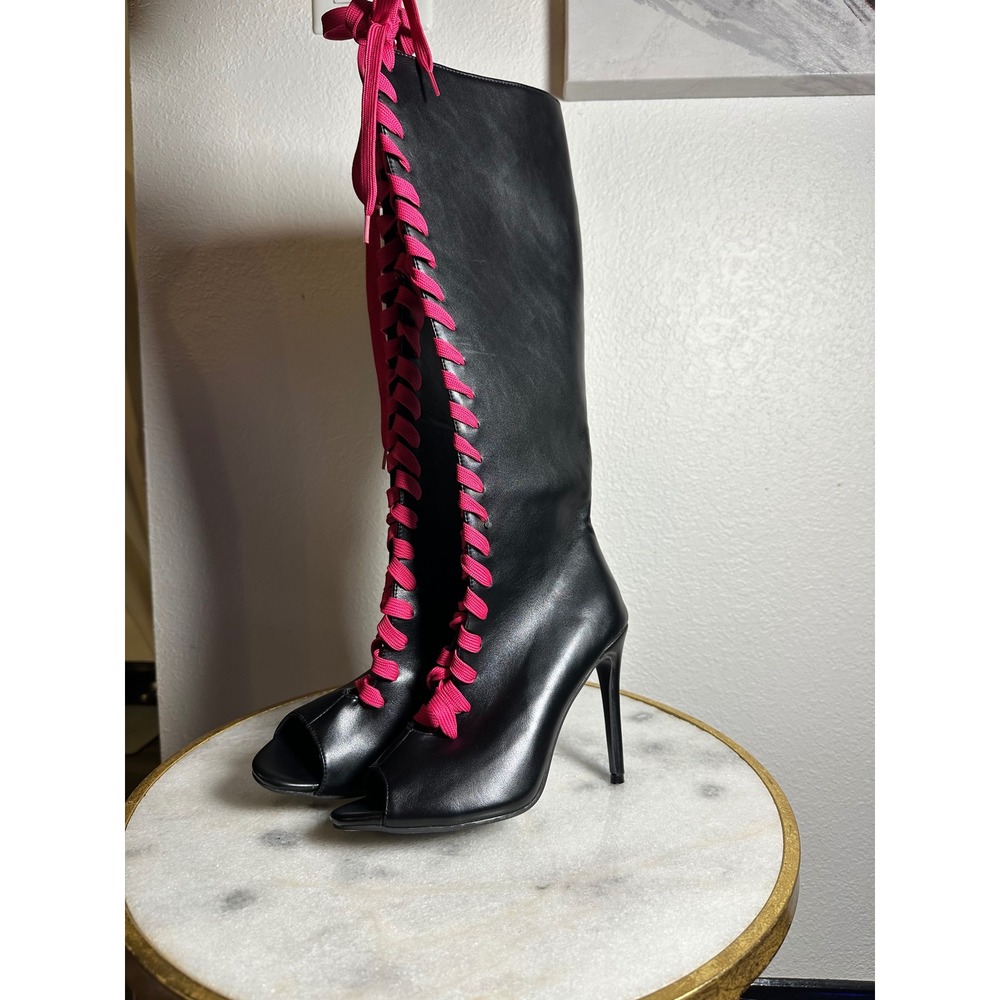Black Open Toe Knee High Boots Hot‎ Pink Lace Up Stiletto Racing Stripe
